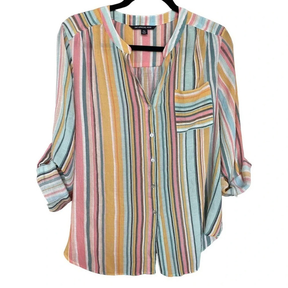 Zac & Rachel Women's Petite Extra Large Striped Multicolor Roll Up Sleeve Tunic - Picture 1 of 6
